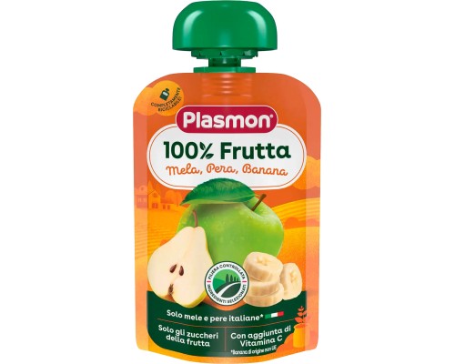 Дитяче пюре Plasmon Яблуко, груша, банан 100 г (1136124)