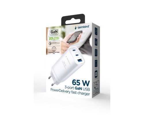 Зарядний пристрій Gembird USB-A + 2xType-C (PD18W + QC3.0 27W) white (TA-UC-PDQC65-01-W)