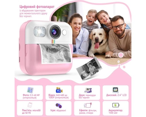 Дитячий фотоапарат ColorWay з функцією миттєвого друку (Pink) (CW-PHP01P)