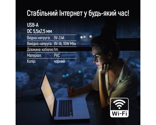 Кабель живлення USB to DC 5.5x2.5mm 9V 1.0m black ColorWay (CW-CBUD066-BK)