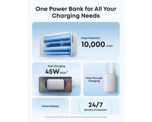 Батарея універсальна Anker Nano 10000mAh, 45W, Built-In USB-C Cable, white (A1638H21)
