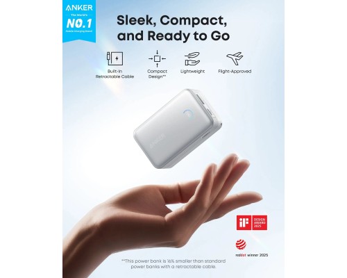 Батарея універсальна Anker Nano 10000mAh, 45W, Built-In USB-C Cable, white (A1638H21)