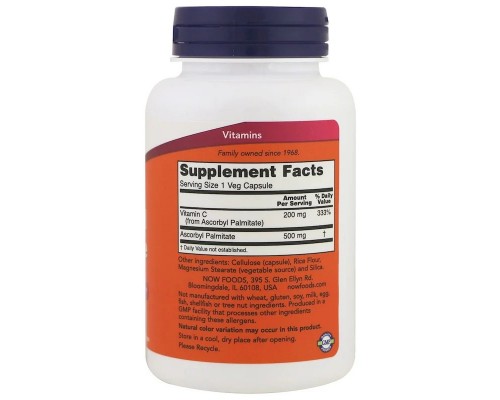 Вітамін Now Foods Аскорбіл Пальмітат, Ascorbyl Palmitate, 500 мг, 100 вегетарі (NOW-00608)