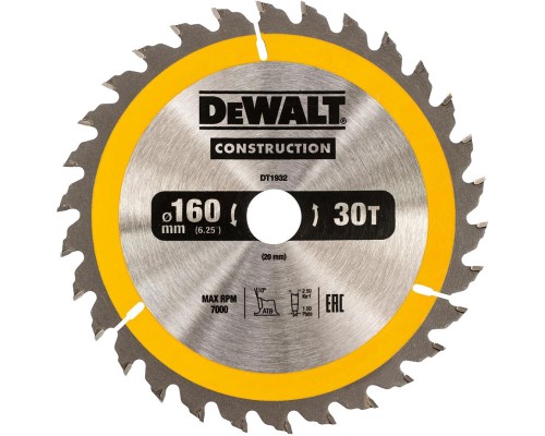 Диск пильний DeWALT СONSTRUCTION , 160 х 20 мм, 30 z, АТВ, 10 градусів (DT1932)