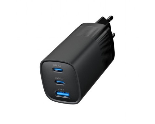 Зарядний пристрій Gembird USB-A + 2xType-C (PD18W + QC3.0 27W) black (TA-UC-PDQC65-01-BK)