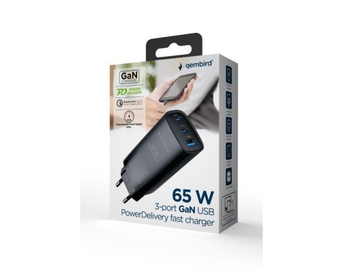 Зарядний пристрій Gembird USB-A + 2xType-C (PD18W + QC3.0 27W) black (TA-UC-PDQC65-01-BK)