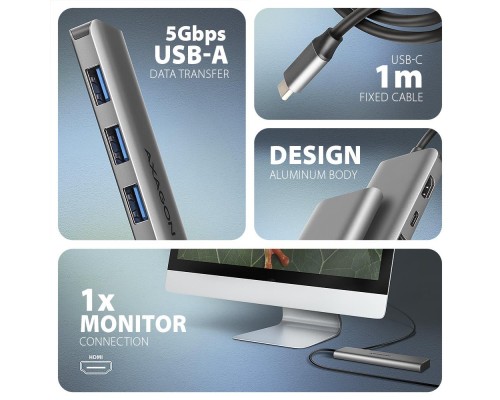Концентратор AXAGON USB-C to 3xUSB-A + HDMI 5Gbps + PD 100W 1.0m grey (HMC-5H)