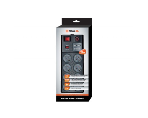 Мережевий фільтр живлення REAL-EL RS-8F USB CHARGE 3m, black (EL122300004)