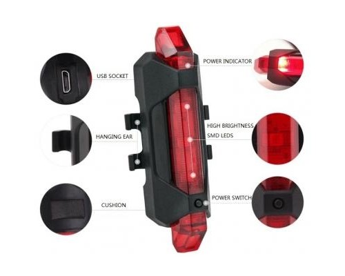 Задня велофара Velotrade габаритный задний BC-TL5411 красный 5 светодиодов USB (LTSS-018)