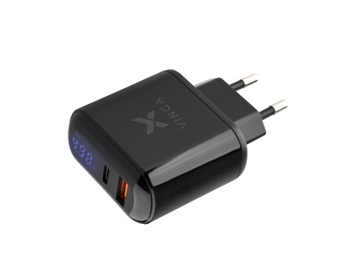 Зарядний пристрій Vinga 2 Port QC3.0+PD Display Wall Charger (VWCQPACDBK)