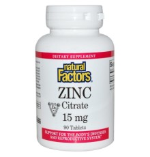 Мінерали Natural Factors Цитрат цинку, Zinc Citrate, 15 мг, 90 таблеток (NFS-01678)