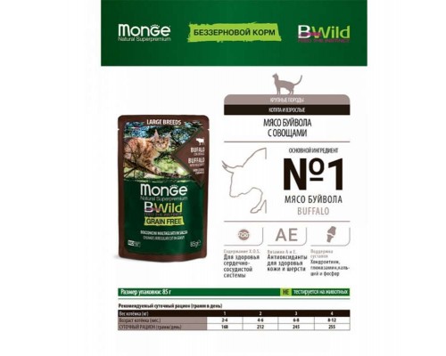 Вологий корм для кішок Monge BWild Cat Free Wet з м'яса буйвола та овочами 85 г (8009470012751)