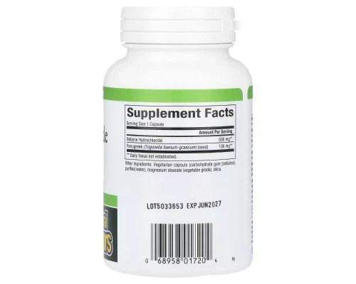 Вітамінно-мінеральний комплекс Natural Factors Бетаїн гідрохлорид та пажитник, 500 мг, Betaine Hydrochloride with Fenugr (NFS-01720)