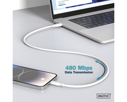 Дата кабель USB 2.0 AM to Type-C 2.0m 60W white Digitus (AK-300340-020-W)