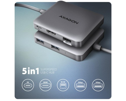Концентратор AXAGON USB-C to 2xUSB-A + HDMI + RJ45 + PD 100W 0.2m grey (HMC-5HL)