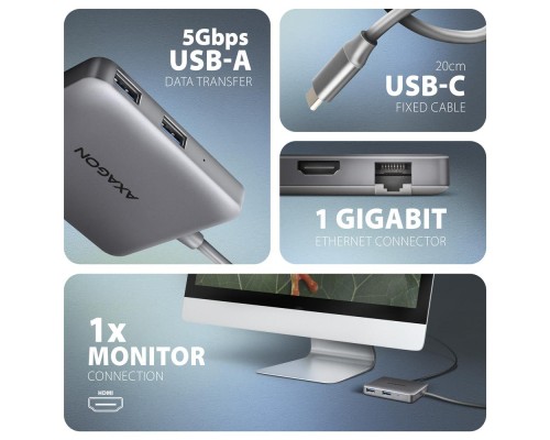 Концентратор AXAGON USB-C to 2xUSB-A + HDMI + RJ45 + PD 100W 0.2m grey (HMC-5HL)