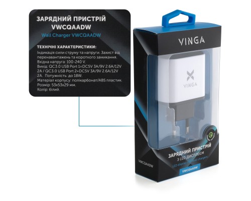 Зарядний пристрій Vinga 2 Port QC3.0 Display Wall Charger (VWCQAADW)