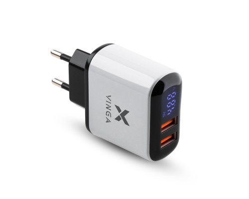 Зарядний пристрій Vinga 2 Port QC3.0 Display Wall Charger (VWCQAADW)