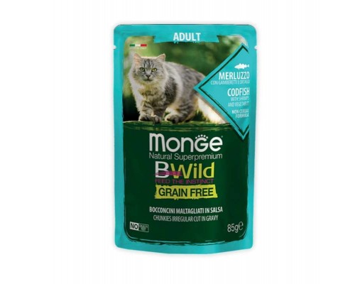 Вологий корм для кішок Monge BWild Cat Free Wet з тріскою та креветками 85 г (8009470012768)