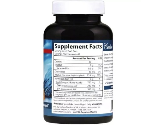Жирні кислоти Carlson Омега-3 для Підлітків, Teens Smart Catch, 90 желатинових кап (CL1611)