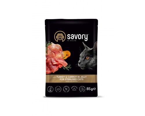 Вологий корм для кішок Savory індичка з морквою в желе для стерилізованих 85 г (4820261920109)