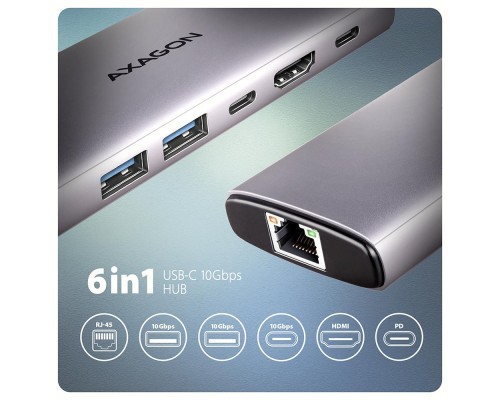 Концентратор AXAGON USB-C to 2xUSB-A + 1xUSB-C + HDMI + RJ45 + PD100W 0.15m gray (HMC-6G2L)