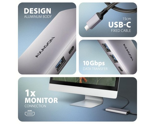 Концентратор AXAGON USB-C to 2xUSB-A + 1xUSB-C + HDMI + RJ45 + PD100W 0.15m gray (HMC-6G2L)