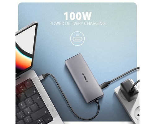 Концентратор AXAGON USB-C to 2xUSB-A + 1xUSB-C + HDMI + RJ45 + PD100W 0.15m gray (HMC-6G2L)