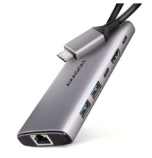 Концентратор AXAGON USB-C to 2xUSB-A + 1xUSB-C + HDMI + RJ45 + PD100W 0.15m gray (HMC-6G2L)
