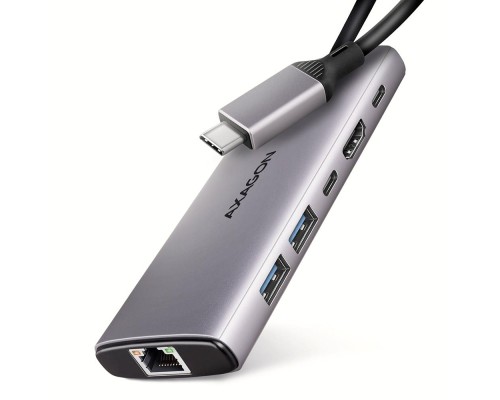 Концентратор AXAGON USB-C to 2xUSB-A + 1xUSB-C + HDMI + RJ45 + PD100W 0.15m gray (HMC-6G2L)