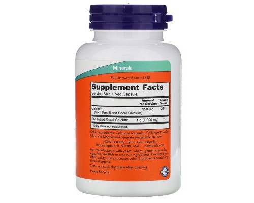 Мінерали Now Foods Кораловий Кальцій, Coral Calcium, 100 вегетаріанських капсул (NOW-01273)