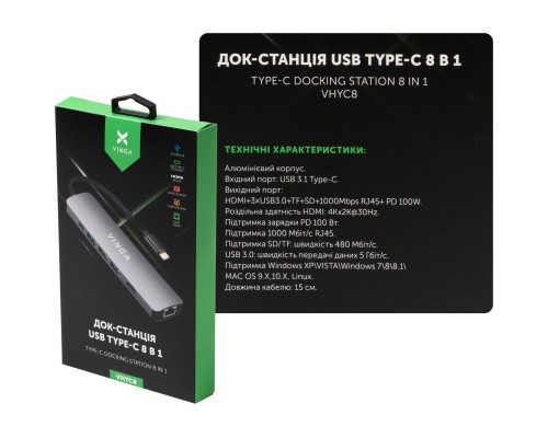 Концентратор Vinga USB-C 3.1 to HDMI+RJ45_1Gbps+3xUSB3.0+SD/TF+PD100W (VHYC8)