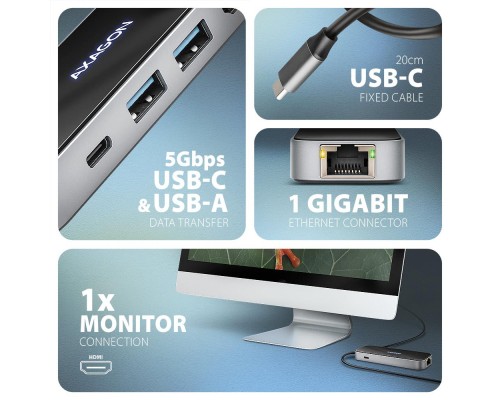 Концентратор AXAGON USB-C to 2xUSB-A + 1xUSB-C + HDMI + RJ45 + PD100W 0.2m grey (HMC-6GLN)