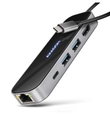 Концентратор AXAGON USB-C to 2xUSB-A + 1xUSB-C + HDMI + RJ45 + PD100W 0.2m grey (HMC-6GLN)