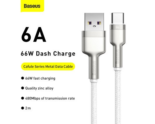 Дата кабель USB 3.1 AM to Type-C 2.0m CAKF 6.0A 66W Cafule Series Metal Data Cable White Baseus (CAKF000202)