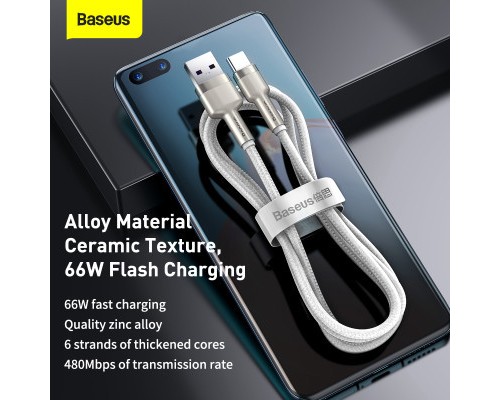 Дата кабель USB 3.1 AM to Type-C 2.0m CAKF 6.0A 66W Cafule Series Metal Data Cable White Baseus (CAKF000202)