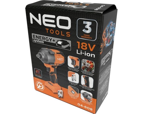 Гайковерт Neo Tools Energy+ 18V, безщітковий, 2400об/хв, 850Нм, 1/2