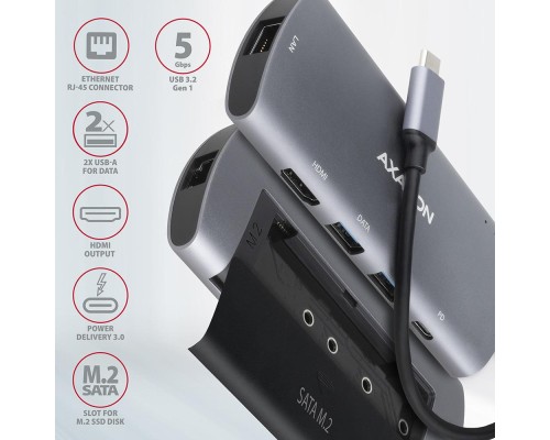 Концентратор AXAGON USB-C to 2xUSB-A + HDMI + RJ45 + SATA M.2 + PD 100W 0.18m grey (HMC-6M2)