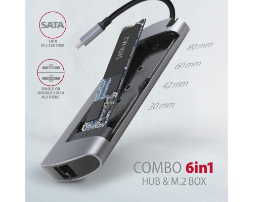 Концентратор AXAGON USB-C to 2xUSB-A + HDMI + RJ45 + SATA M.2 + PD 100W 0.18m grey (HMC-6M2)