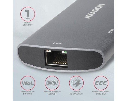 Концентратор AXAGON USB-C to 2xUSB-A + HDMI + RJ45 + SATA M.2 + PD 100W 0.18m grey (HMC-6M2)