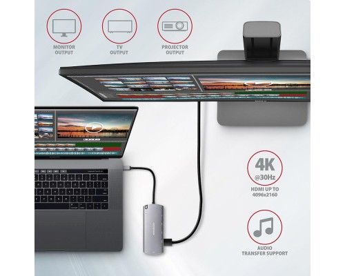 Концентратор AXAGON USB-C to 2xUSB-A + HDMI + RJ45 + SATA M.2 + PD 100W 0.18m grey (HMC-6M2)