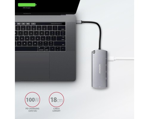 Концентратор AXAGON USB-C to 2xUSB-A + HDMI + RJ45 + SATA M.2 + PD 100W 0.18m grey (HMC-6M2)