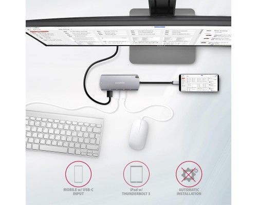 Концентратор AXAGON USB-C to 2xUSB-A + HDMI + RJ45 + SATA M.2 + PD 100W 0.18m grey (HMC-6M2)