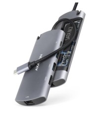 Концентратор AXAGON USB-C to 2xUSB-A + HDMI + RJ45 + SATA M.2 + PD 100W 0.18m grey (HMC-6M2)