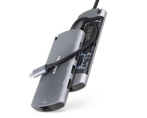 Концентратор AXAGON USB-C to 2xUSB-A + HDMI + RJ45 + SATA M.2 + PD 100W 0.18m grey (HMC-6M2)