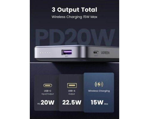 Батарея універсальна Ugreen 10000 mAh 20W PD/3.0, QC/3.0, Magnetic Wireless, USB-A, USB-C In/Out (PB206) (15086)