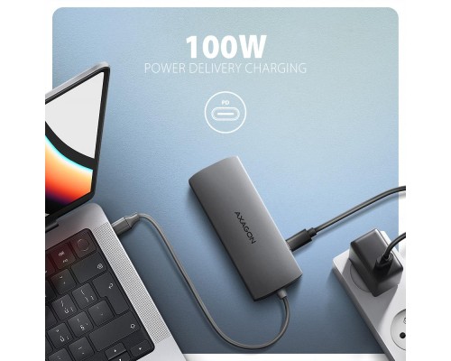 Концентратор AXAGON USBC to 3xUSB-A + HDMI + RJ45 + SD/microSD + audio + PD 100W 0.2m grey (HMC-8HLSA)