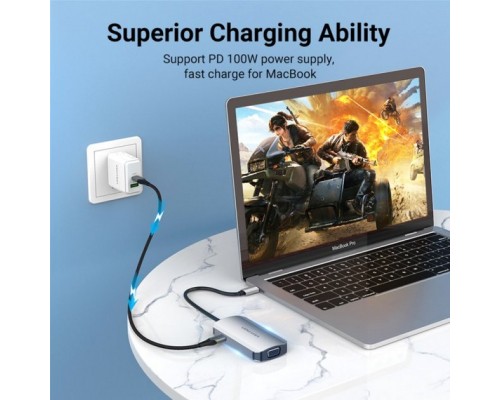 Концентратор Vention USB3.1 Type-C --> HDMI/VGA/USB 3.0/PD 100W Hub 4-in-1 (TOAHB)