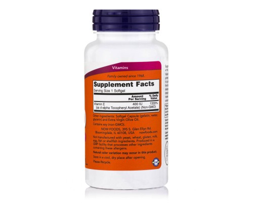 Вітамін Now Foods Вітамін Е, Е-400, 100 желатинових капсул (NF0837)