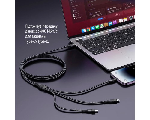 Дата кабель USB 2.0 AM to Lightning + Micro 5P + Type-C 1.2m 3.0A (PD60W data) Black ColorWay (CW-CBPDU3060-BK)